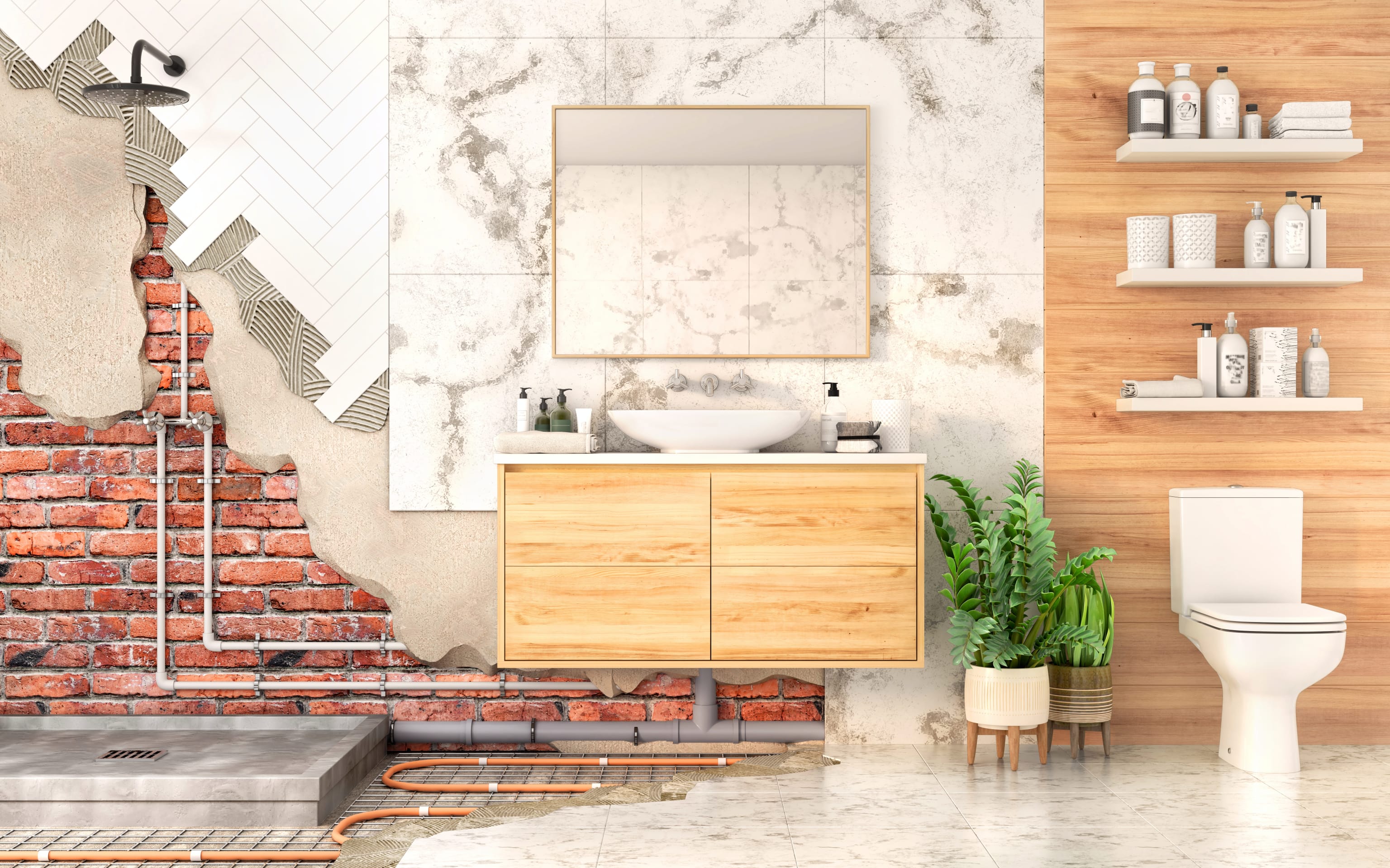 Photograph: 3d render of bathroom in construction process with layered scheme of walls and floor 3d illustration