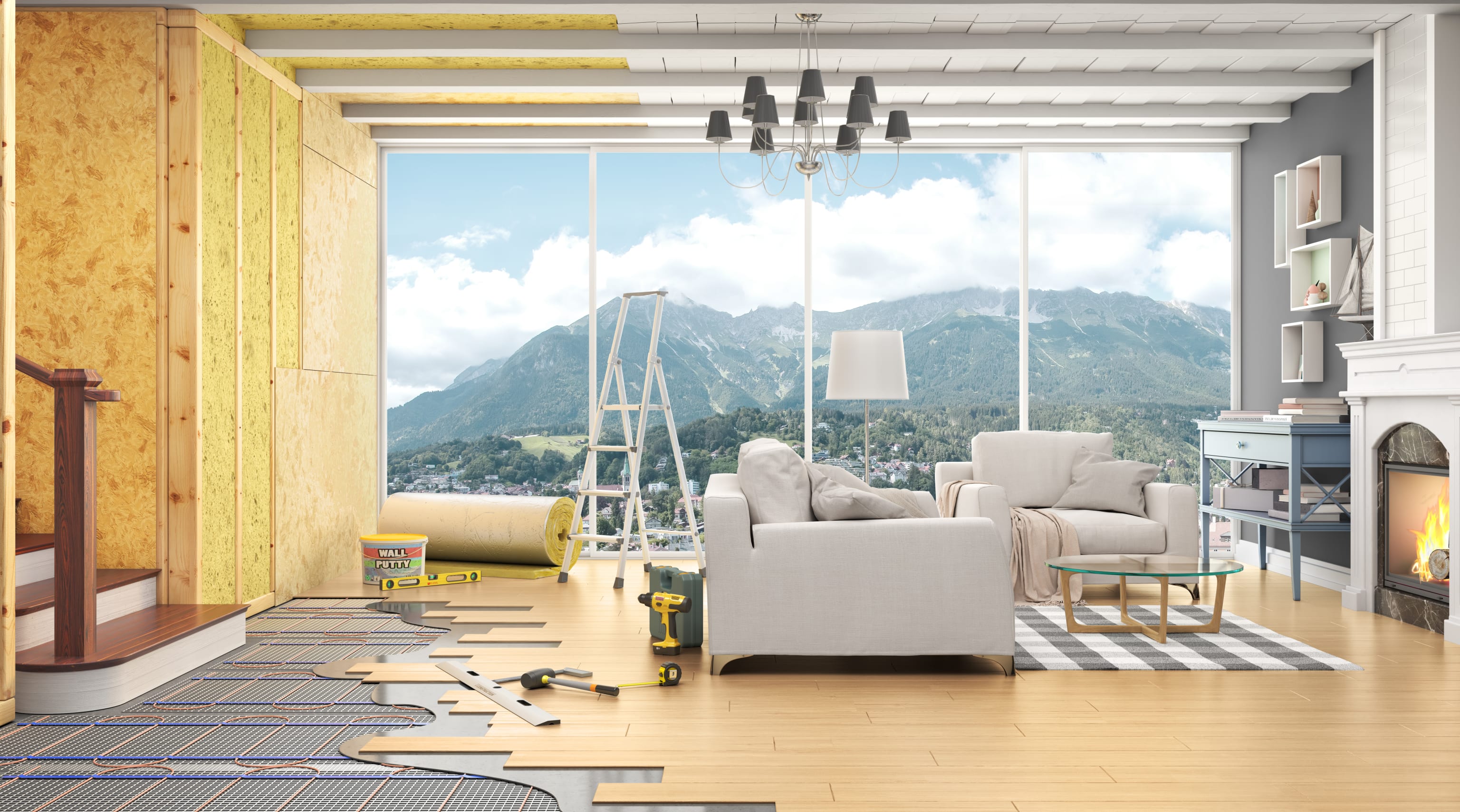 Photograph: 3d render of living room in construction process with layered scheme of walls and floor 3d illustration
